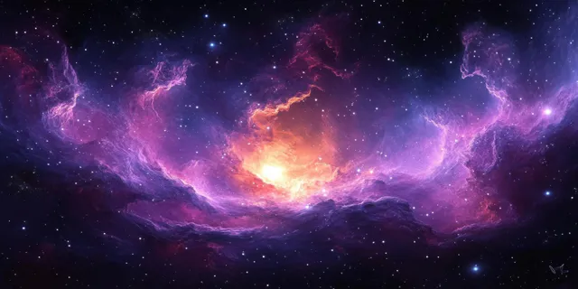 A wide purple and pink nebula cloud panorama surrounds a bright glowing cosmic center with scattered stars.