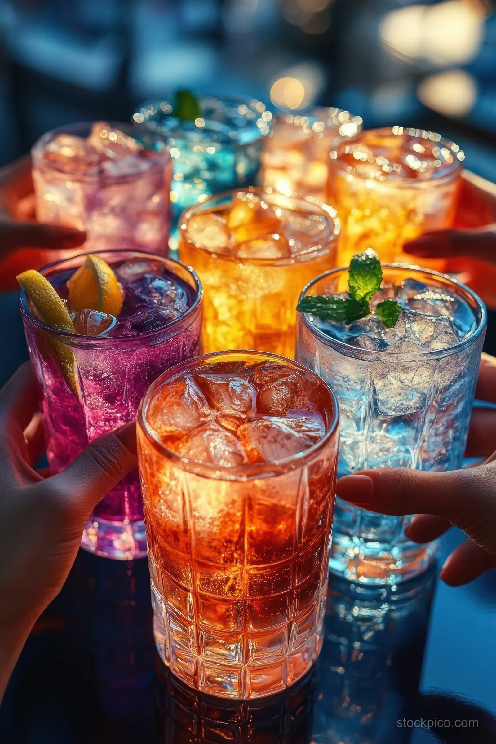 Friends raise glasses of colorful iced cocktails with citrus and mint garnishes during a toast under vibrant lights.
