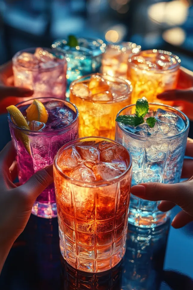 Friends raise glasses of colorful iced cocktails with citrus and mint garnishes during a toast under vibrant lights.