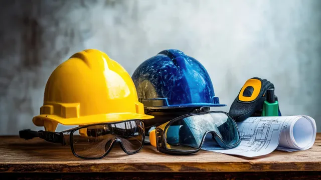 Yellow and blue hard hats and safety goggles sit next to rolled architectural blueprints and a tape measure on wood.
