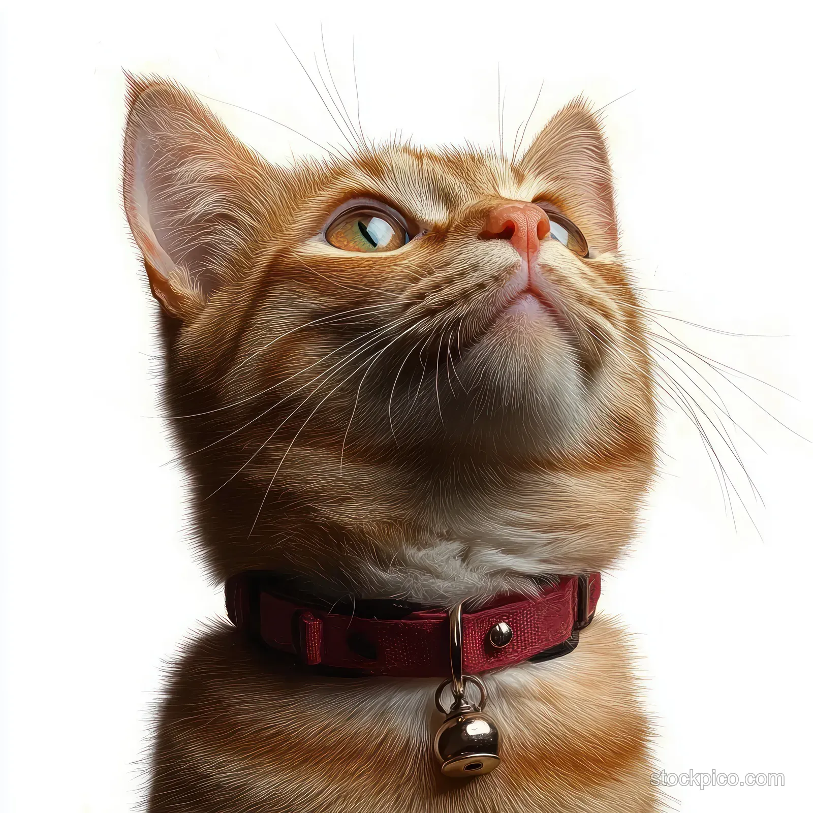 Ginger tabby cat with a red collar and bell looks upward against a white background.