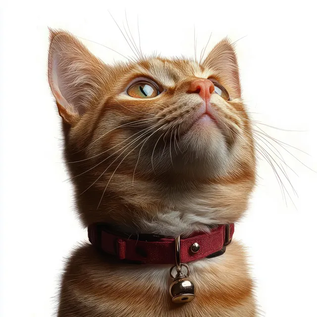 Ginger tabby cat in red collar with bell, looking up on white background