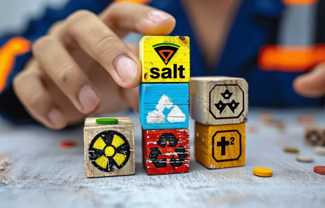 Hands place a hazard symbol cube labeled salt onto a tabletop of other warning blocks.