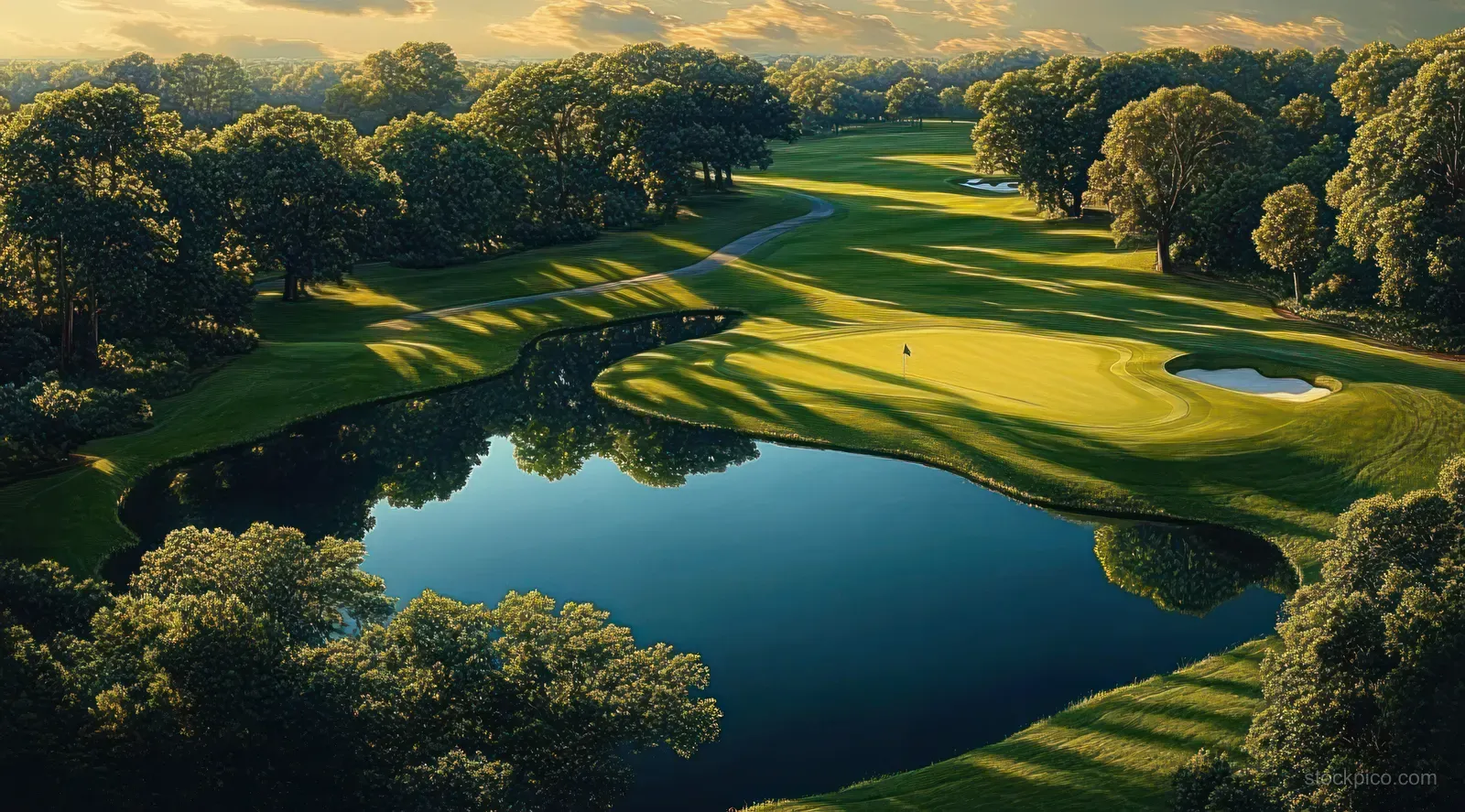 Golden hour view of a golf course with reflective lake hazard, lush trees, and striped fairways.