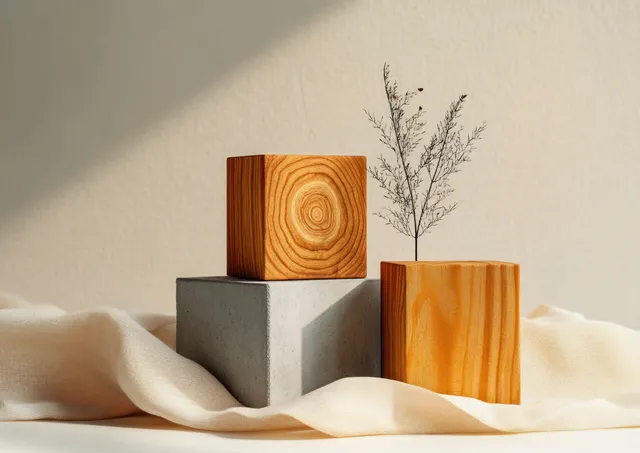 Wooden box and geometric concrete blocks with subtle shadows on cream fabric