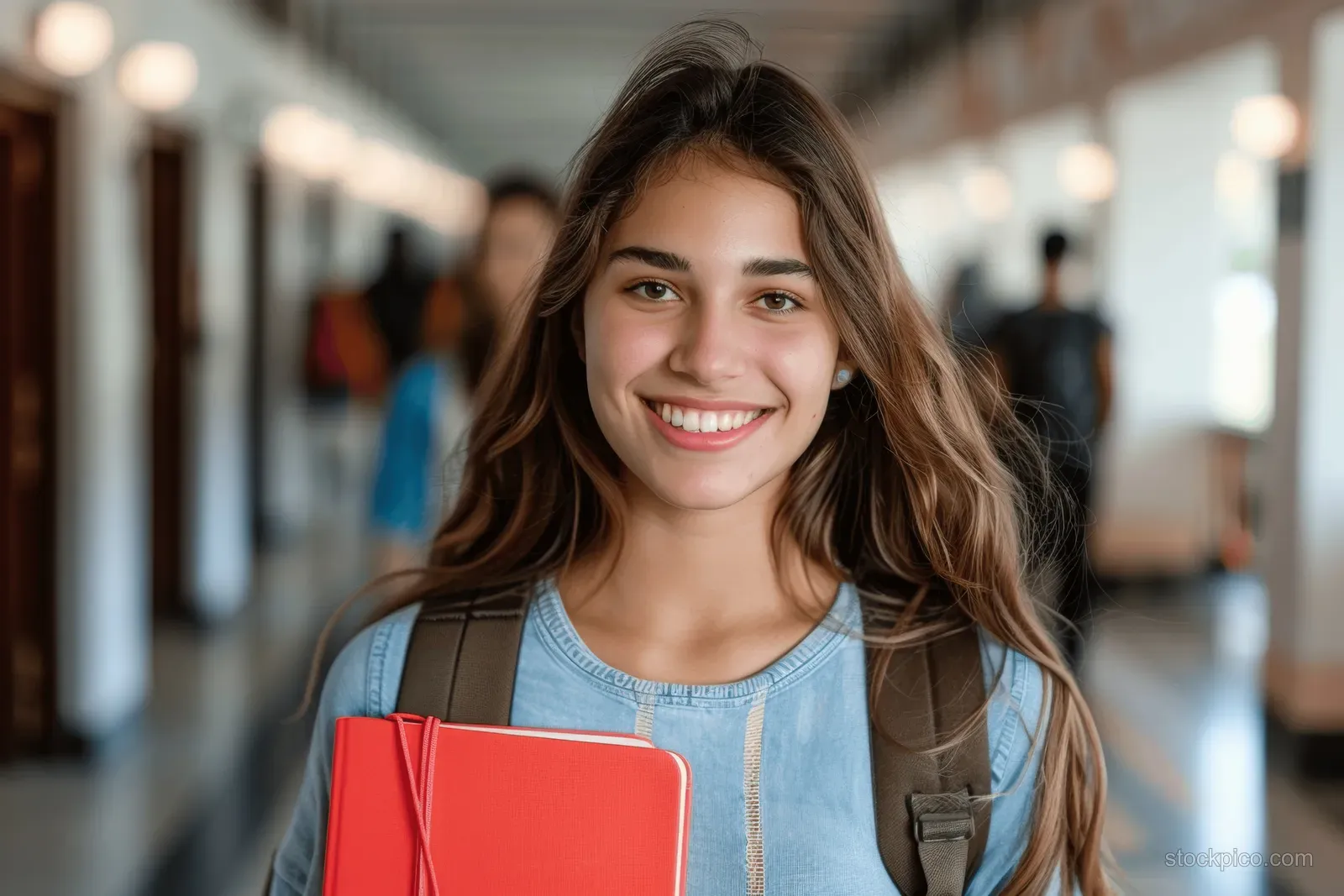 A smiling university student carries a backpack and red and blue books in a campus hallway.