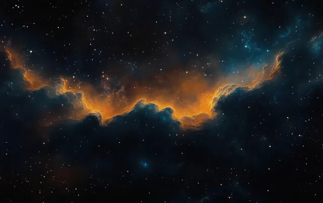 Swirling nebula clouds glow orange and blue across a dark star field in deep space.