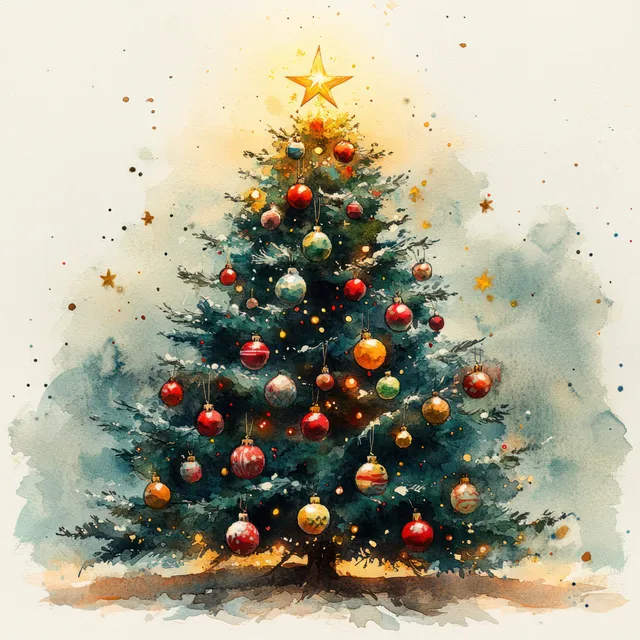 Christmas tree with colorful ornaments and glowing star in snowy watercolor holiday scene