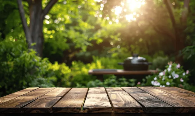 Rustic wooden garden table in sunlit greenery with filtered light and a blurred cooking pot beyond.