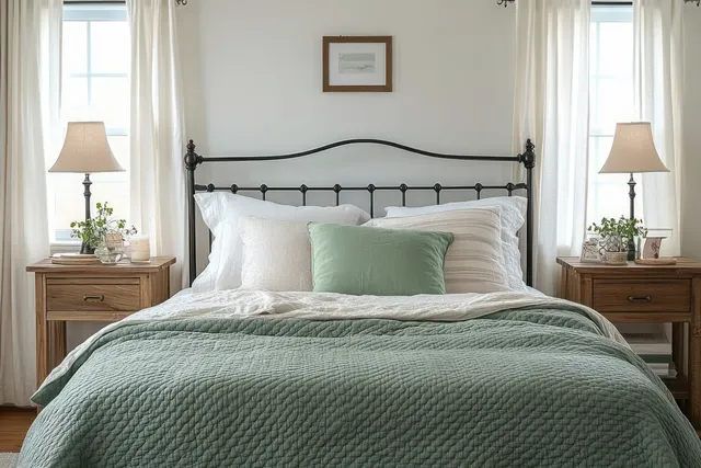 Minimalist bedroom interior with an iron bed, green quilt, white bedding, and sheer curtains letting in daylight.