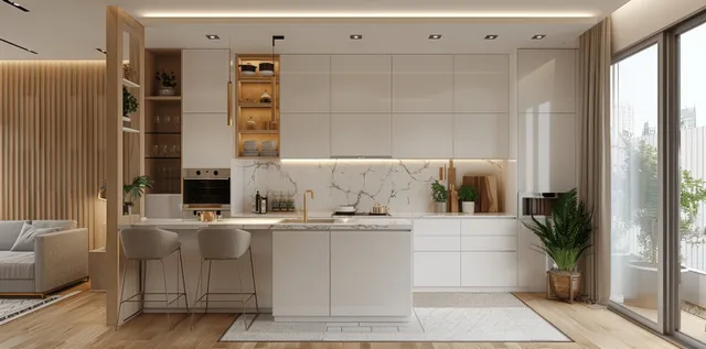 Minimalist white kitchen interior with a bar island, wood floor, beige walls, potted plants, and large windows.