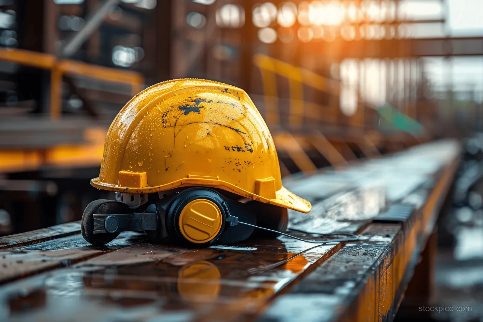 Yellow safety construction helmet placed on a wooden workbench with an out-of-focus factory setting behind.