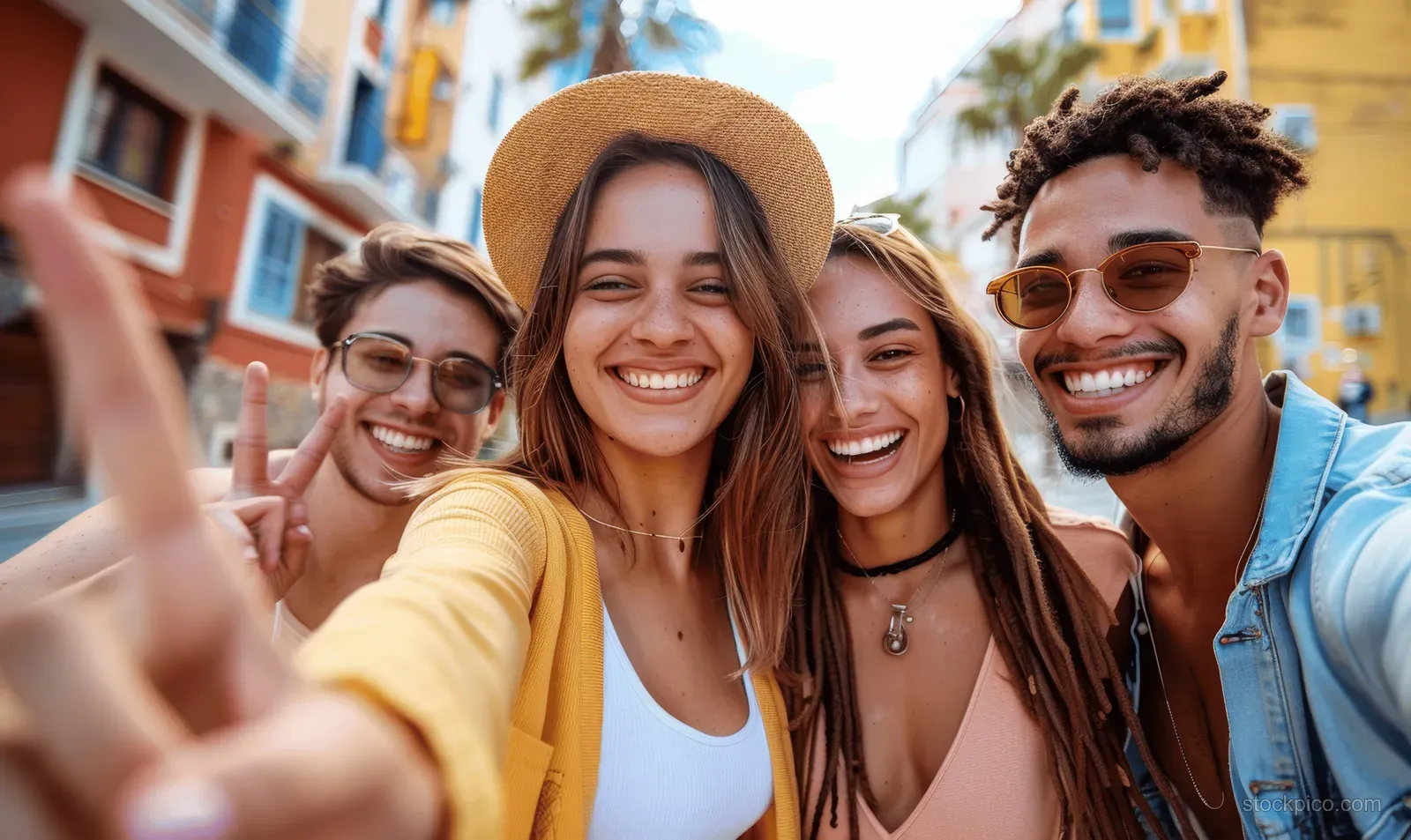 Four friends on a sunny street take a selfie, smiling and making peace signs.