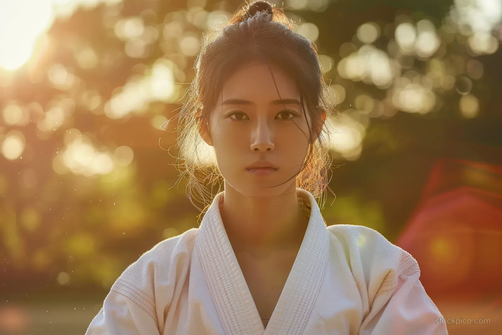 South Korean judoka in a white gi holds a calm judo stance during sunrise with golden light behind.