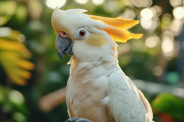Sulphur-crested cockatoo with a raised yellow crest perched in a lush tropical garden, shown in close-up.