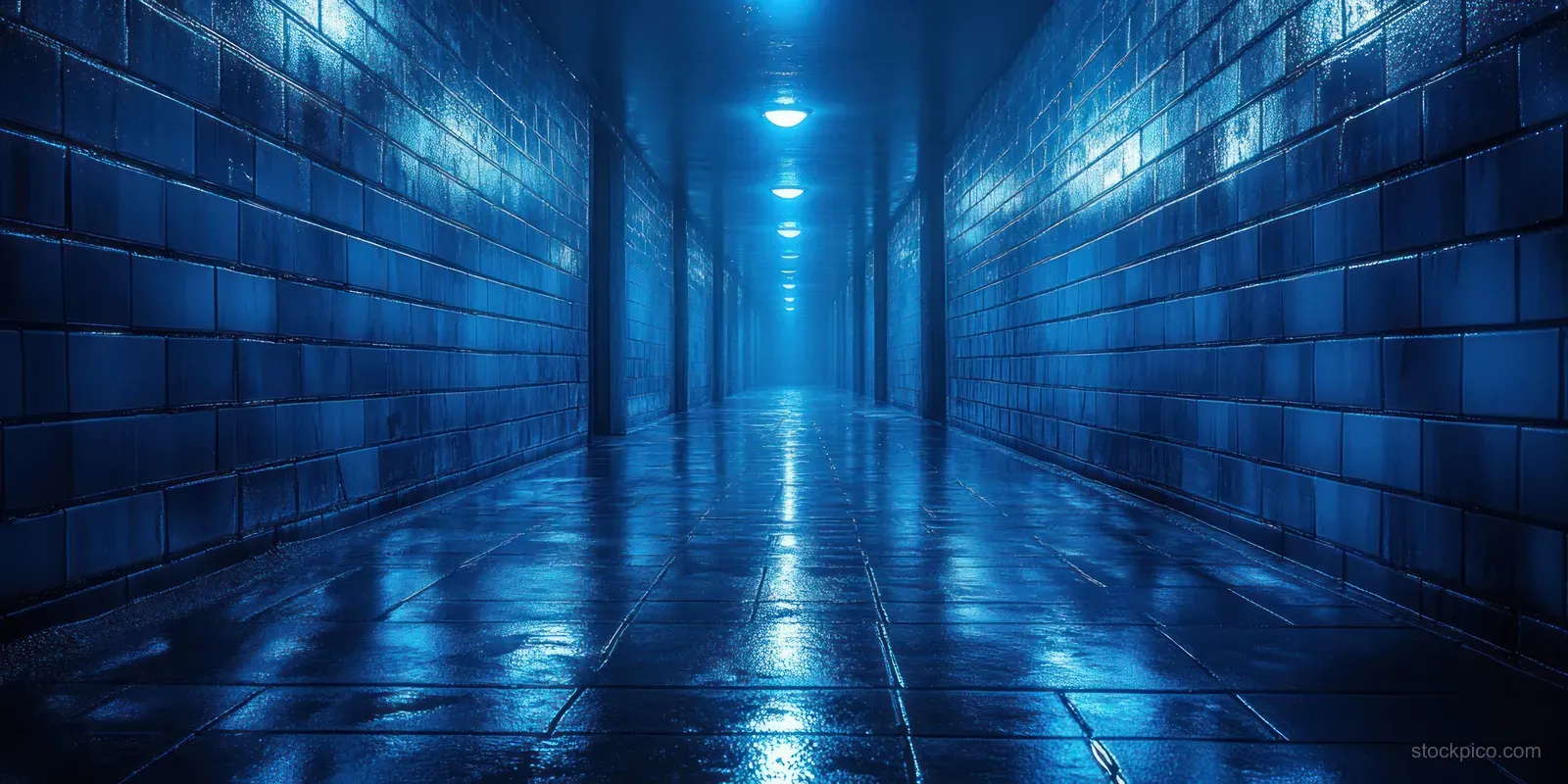 Dark corridor with wet blue-lit glossy tiles reflecting neon light and faint smoke in the background.