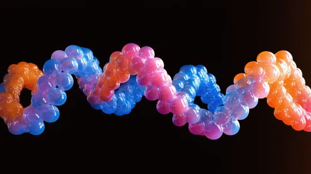 A translucent 3D helix made of interconnected glossy colored spheres on a black background.