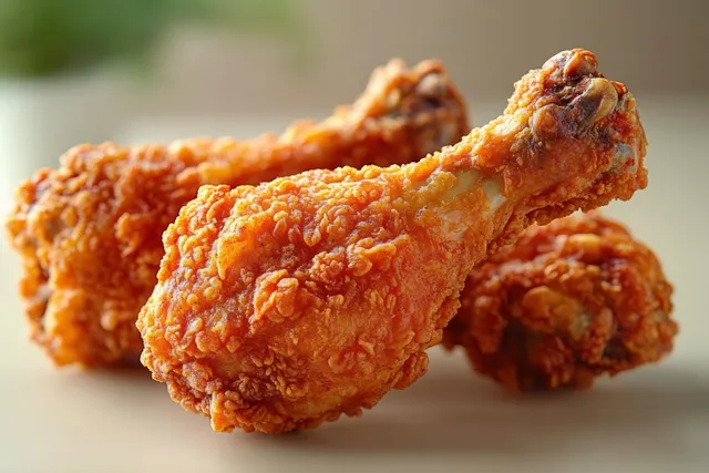 Three crispy golden fried chicken drumsticks with textured crunchy coating on a wooden surface.