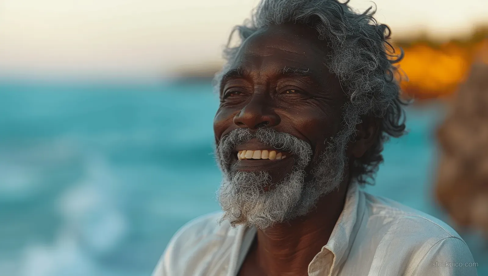 Elderly African American man laughing on a sunlit beach with blue ocean behind him.