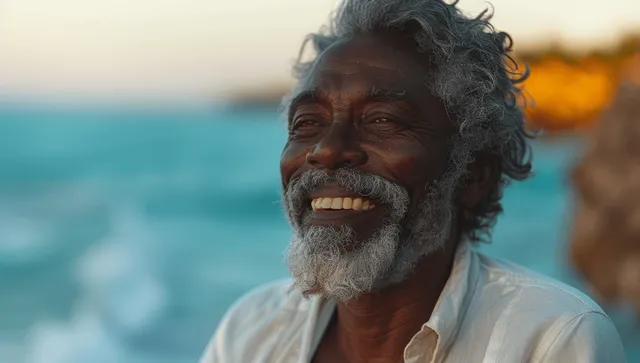 Elderly African American man laughing on a sunlit beach with blue ocean behind him.