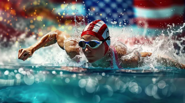 Women’s freestyle swimmer in goggles and cap drives forward as water splashes and an American flag backdrop fills the scene.