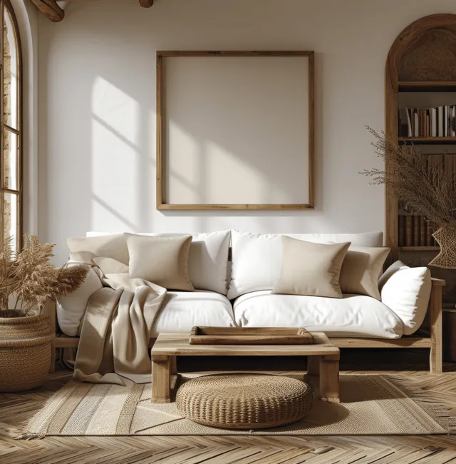 Wooden picture frame mockup hangs above a white sofa in a bohemian living room with woven decor and pampas stems.