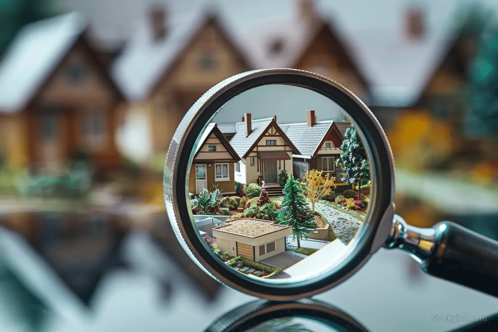 Magnifying glass reveals miniature houses and neighborhoods, indicating close inspection for real estate evaluation.