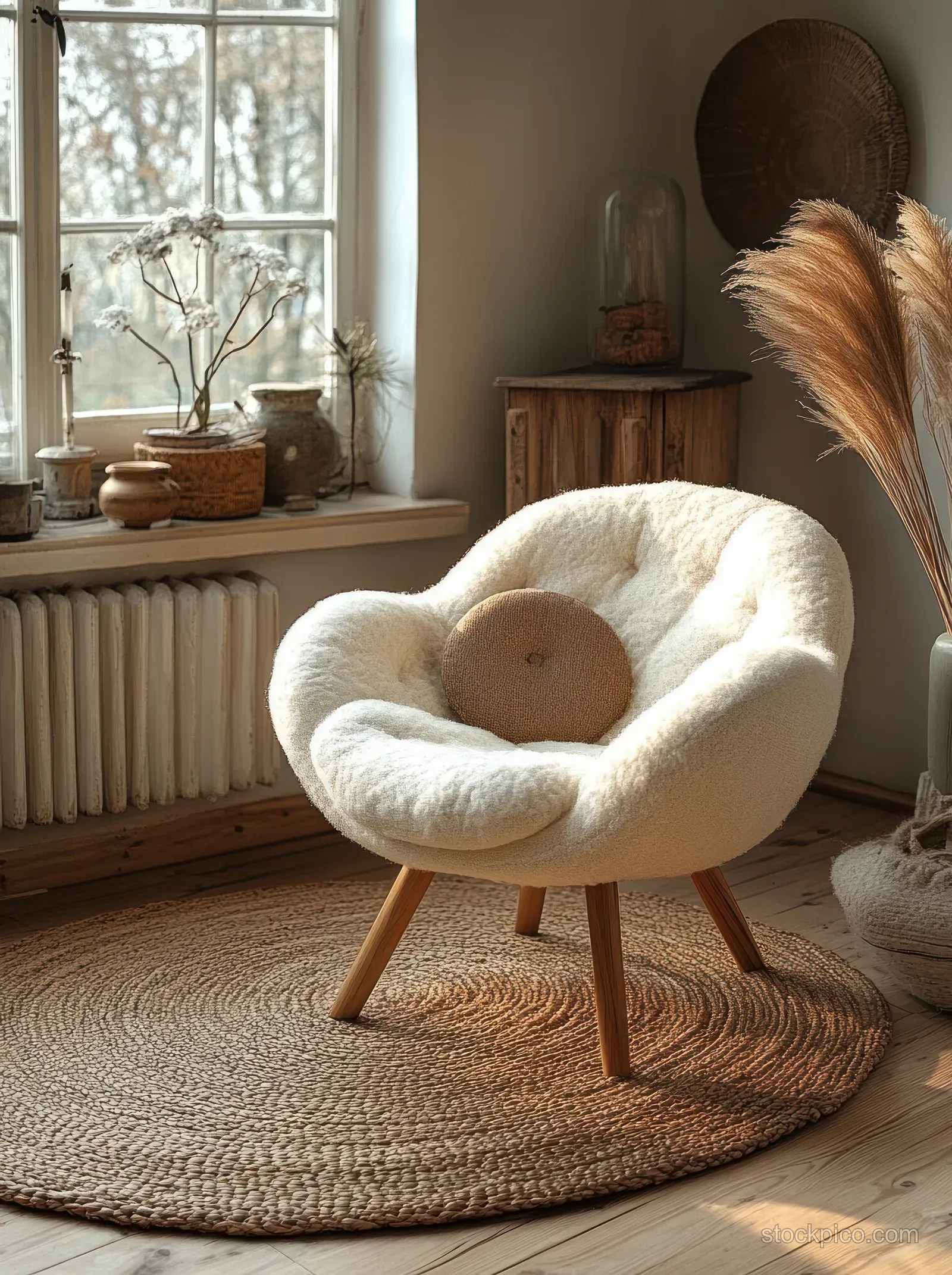 Minimalist living room corner featuring a white upholstered armchair with wooden legs by a sunlit window.