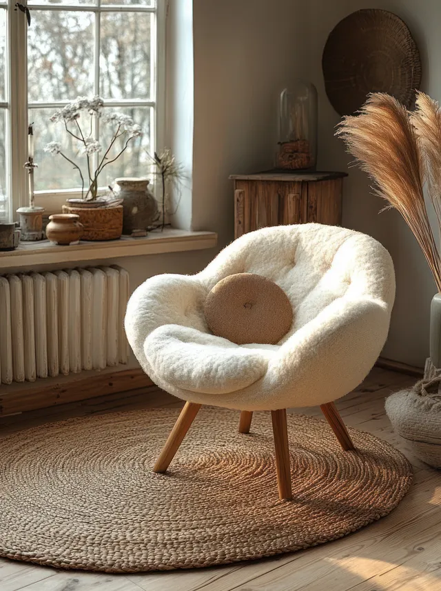 Minimalist living room corner featuring a white upholstered armchair with wooden legs by a sunlit window.
