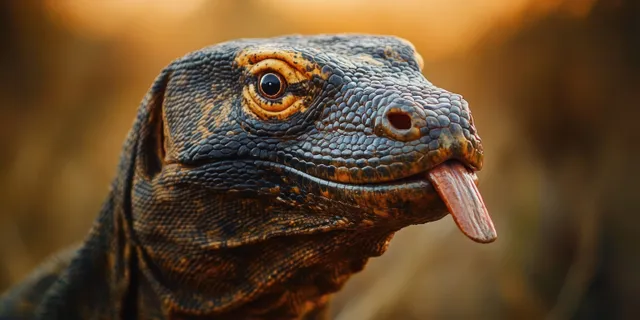 Close-up of a lizard with textured scaly skin and tongue out against blurred brown background