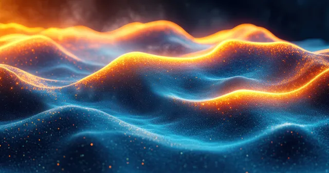 Neon glowing contour waves rise over a dark 3D topographic landscape in blue, green, and yellow.