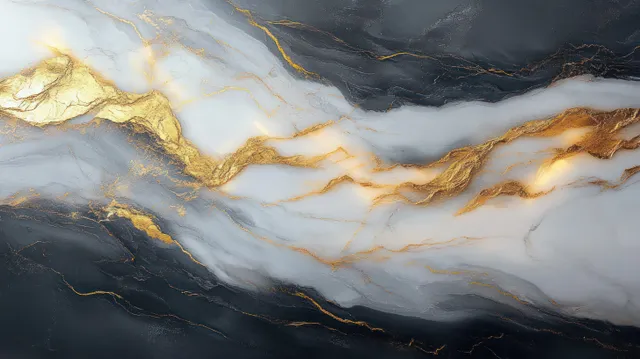 Abstract marble fluid texture with flowing gold veins across dark gray and white