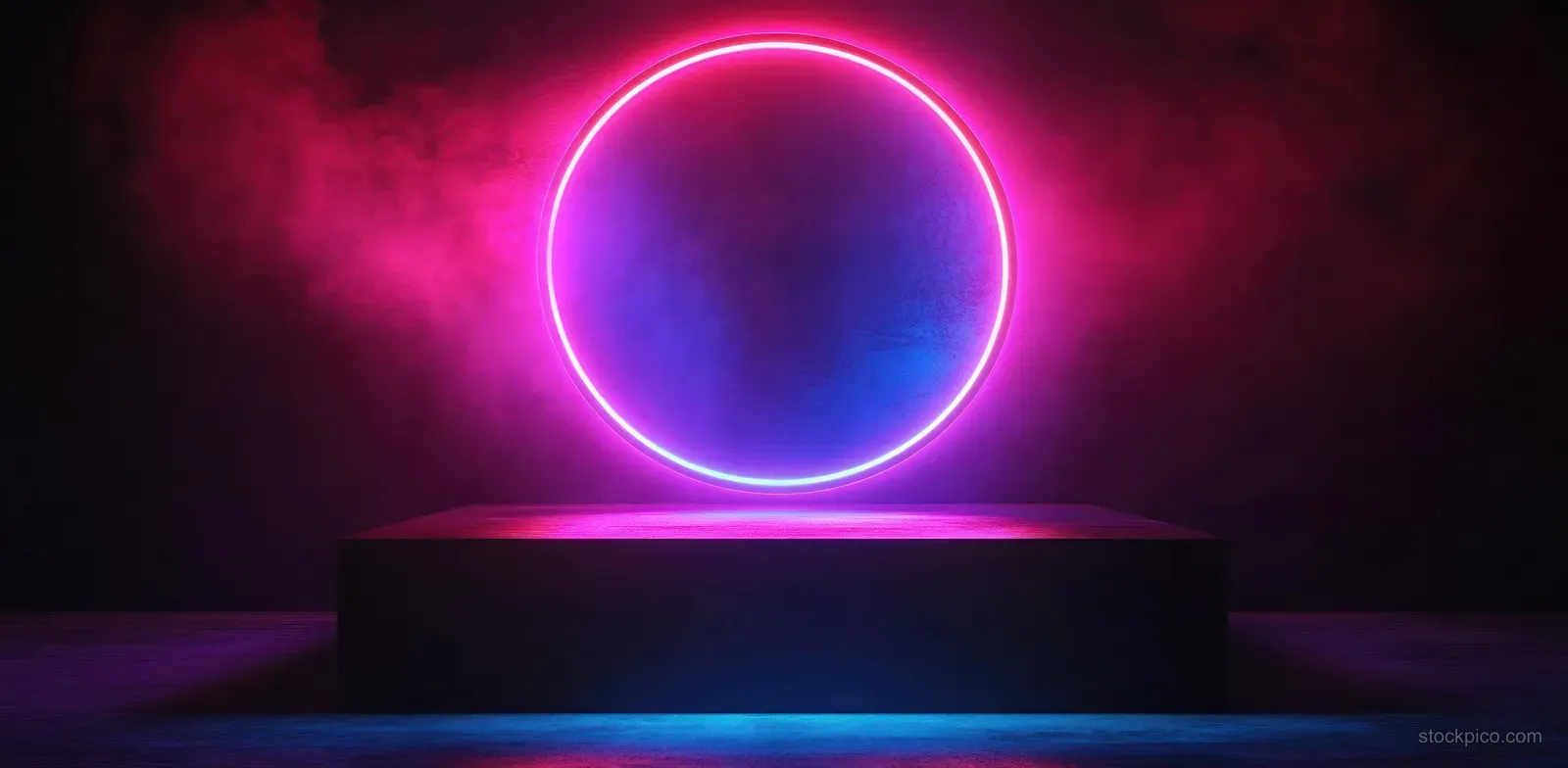 Glowing neon pink and blue ring hovers above a dark rectangular platform with misty fog in the background.