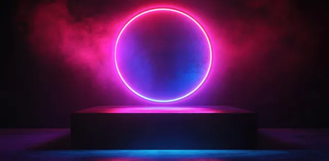 Neon pink and blue ring hovering over dark platform in misty futuristic stage scene