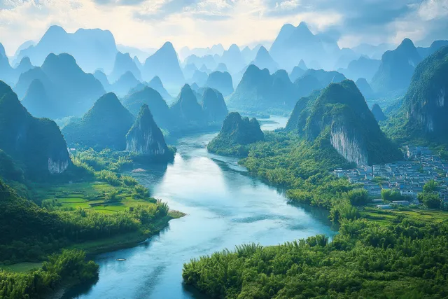 Misty karst mountains overlook a winding river with lush forest and a riverside village