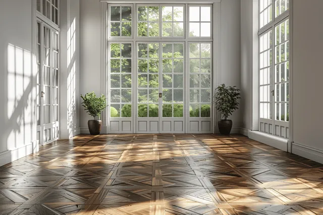 Daylit interior with tall window wall, geometric wooden parquet herringbone floor, and two potted plants.