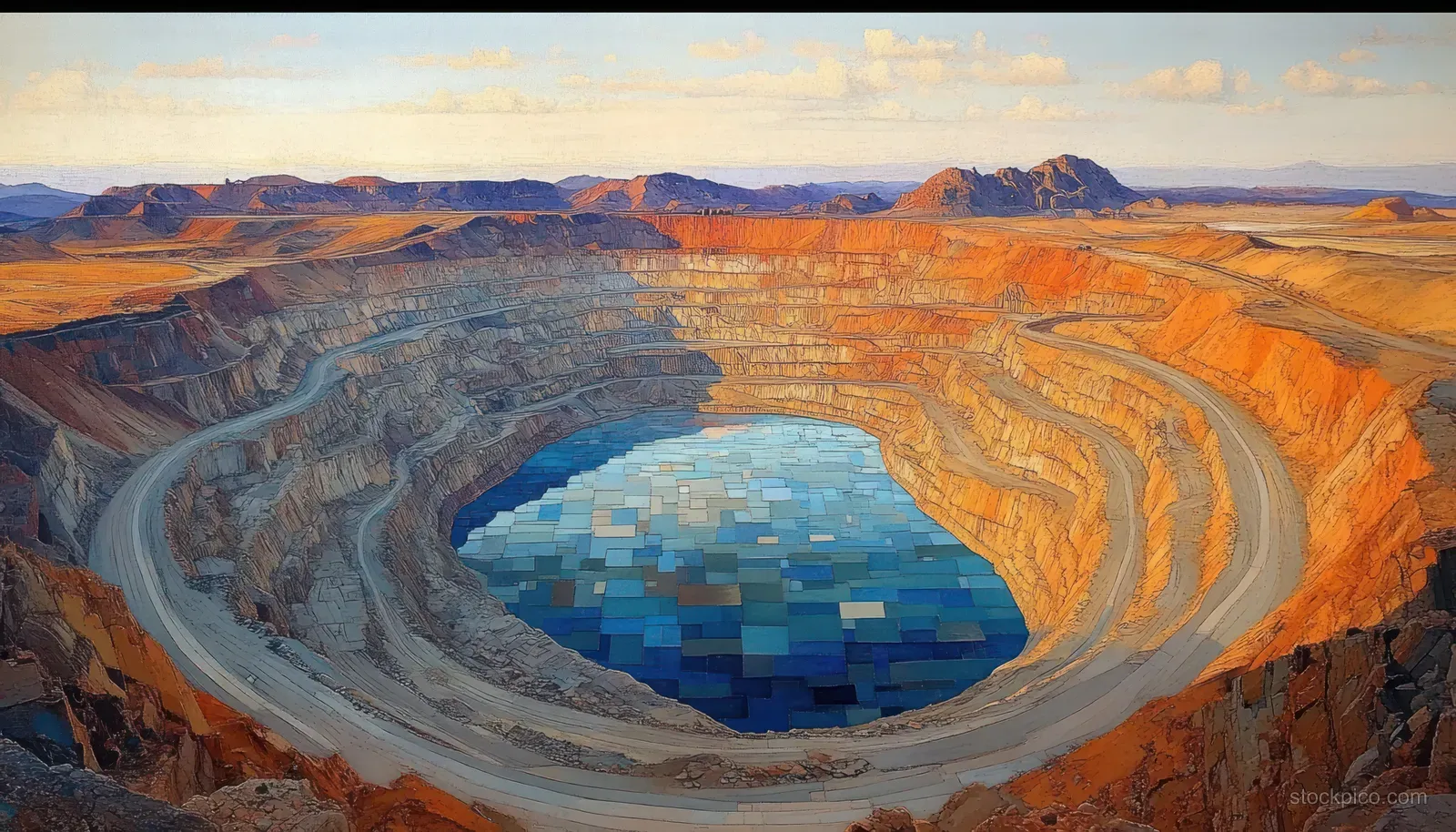 Aerial shot of an open-pit mine with terraced rock walls and a deep blue water pool.
