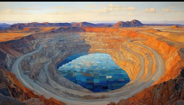 Vast open-pit mine with terraced rock walls and blue water pool reflecting the sky