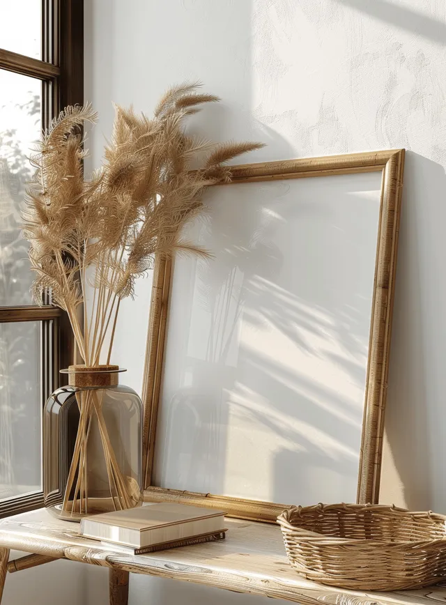 Blank wooden picture frame mockup on a boho table with a reed diffuser and wicker basket.