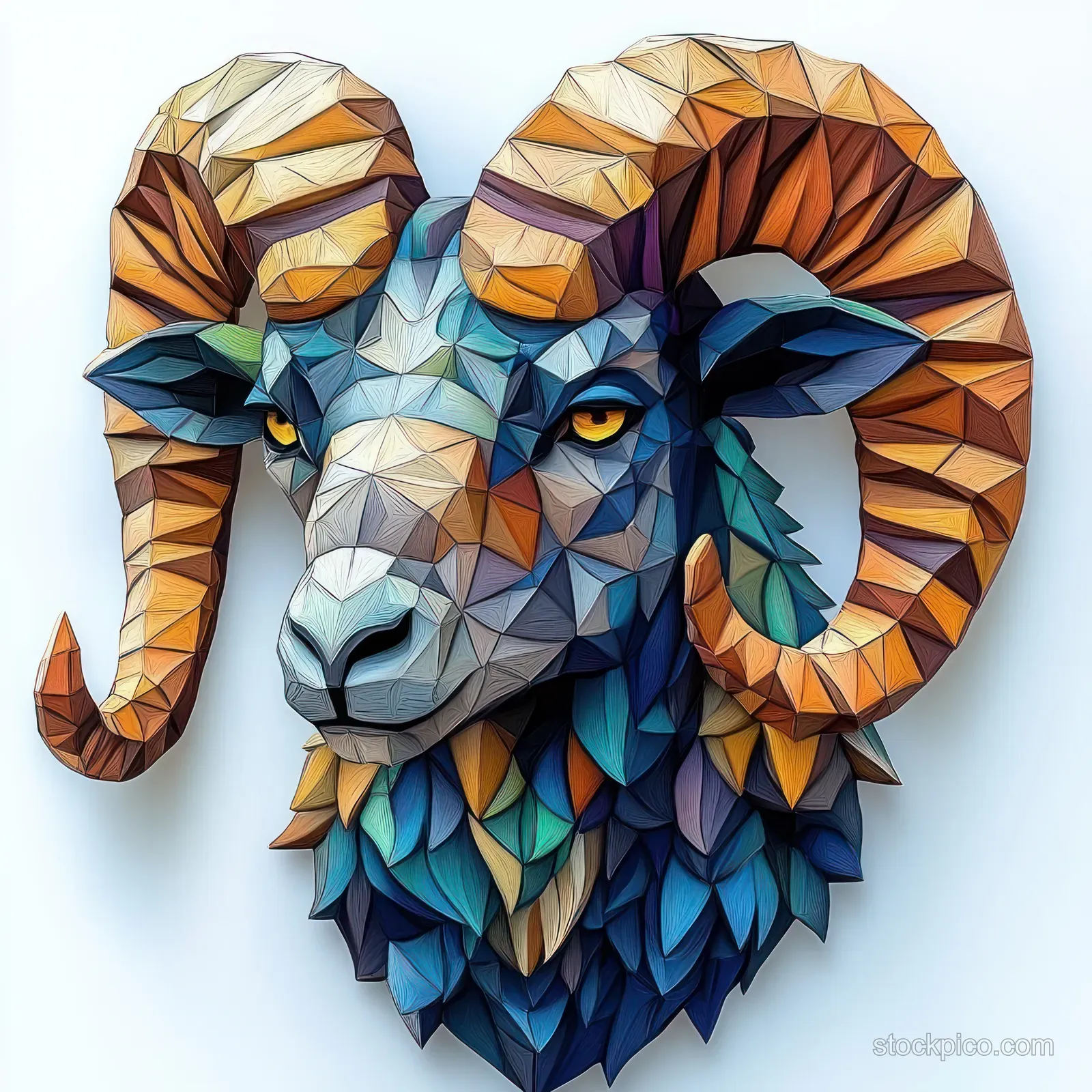 Geometric ram head artwork with spiraled polygon horns and intense gold eyes on a light background.