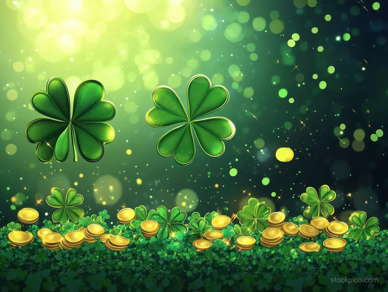 Shamrock clover leaves and gold coins arranged on a green background with glowing bokeh lights.