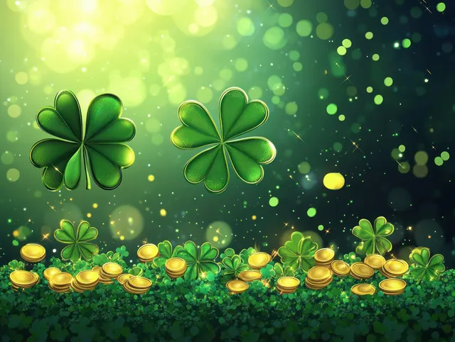 Shamrock clover leaves and gold coins arranged on a green background with glowing bokeh lights.