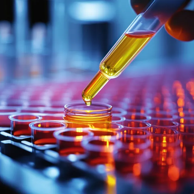 Pipette dispensing yellow liquid into a microplate well with orange-red solutions with Shallow Depth Of Field
