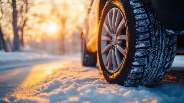 Winter tire close-up on snowy road under warm morning light and frost