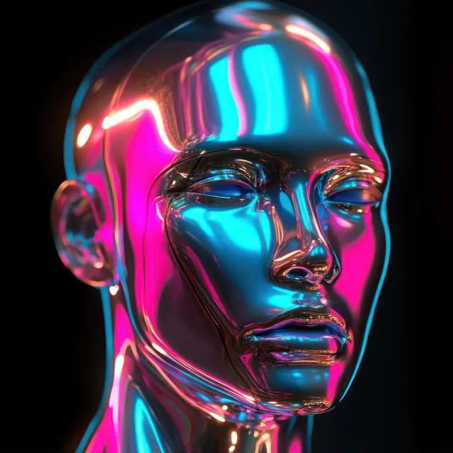 Shiny chrome humanoid head glowing with neon pink and blue reflections in dark studio