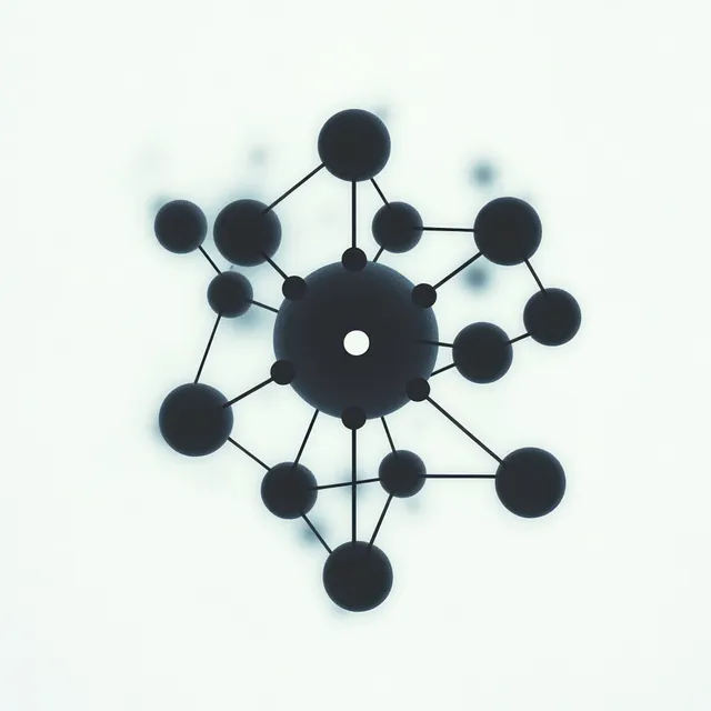 Black spheres connected in a circular molecular-like network on a pale background.