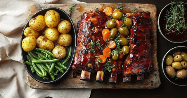 Glazed barbecue ribs on a wooden board with olives, baby potatoes, and green beans.