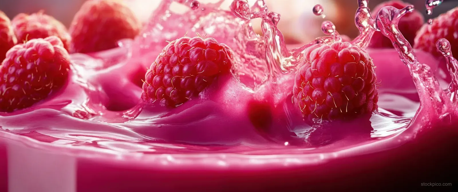 Raspberries splash into pink creamy liquid with sparkling droplets in a close-up macro scene.
