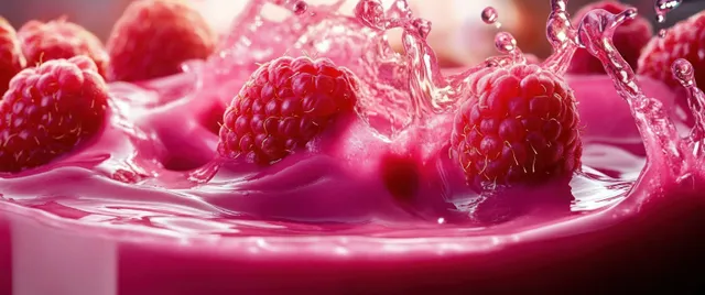 Raspberries splash into pink creamy liquid with sparkling droplets in a close-up macro scene.