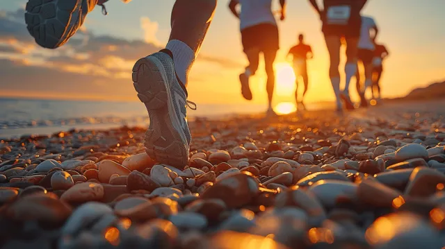 Pies de corredores con zapatillas corriendo por una playa de guijarros al atardecer con sombras alargadas.